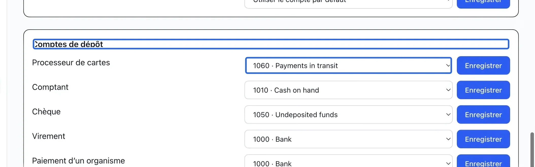Capture : Affecter chaque moyen de paiement. Les cadres bleus indiquent les commandes décrites dans cette étape.