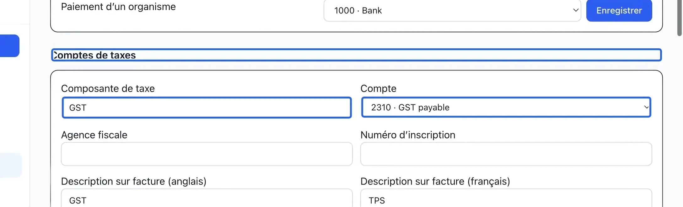 Capture : Choisir la taxe et son compte. Les cadres bleus indiquent les commandes décrites dans cette étape.
