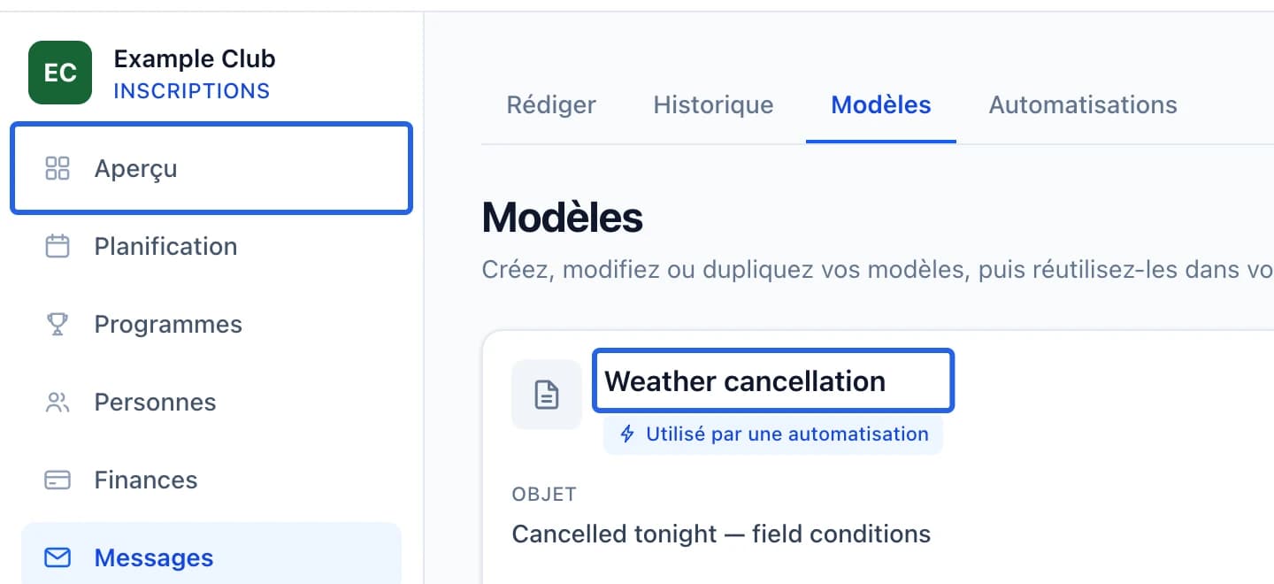 Capture : Enregistrer et prévisualiser un modèle de message. Les cadres bleus indiquent les commandes décrites dans cette étape.