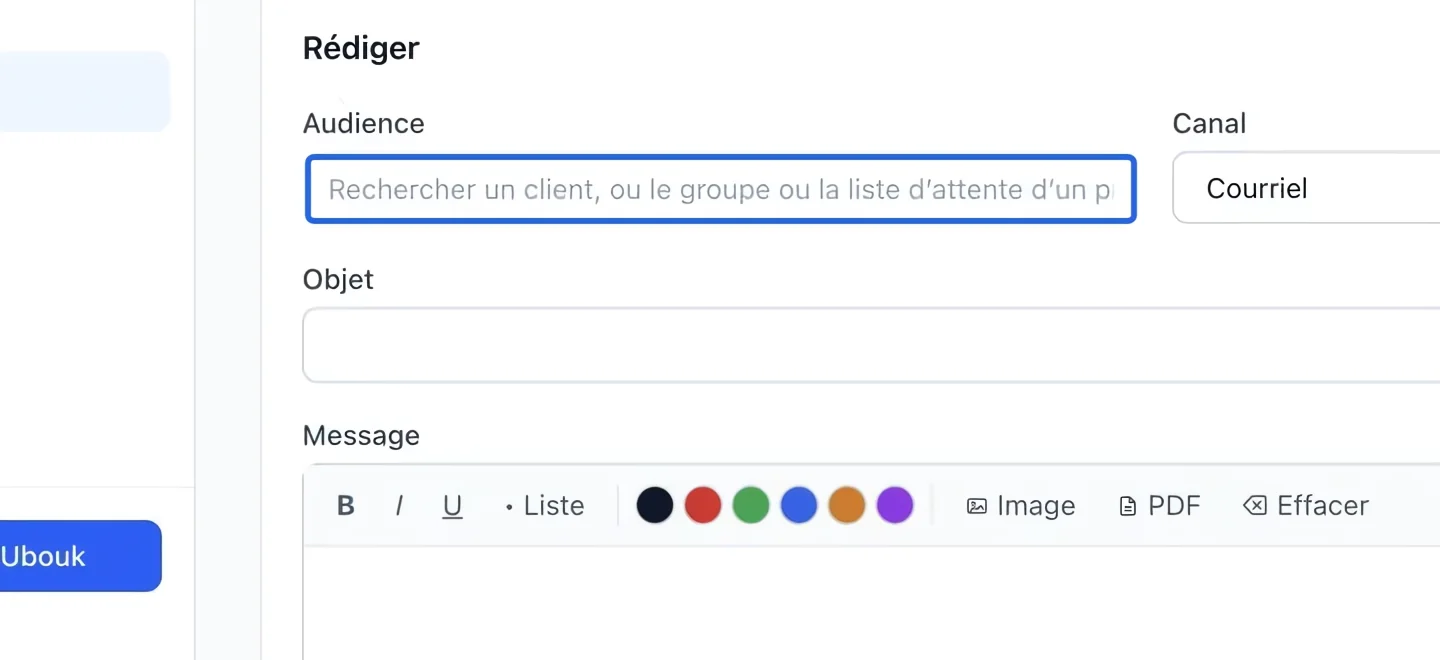 Capture : Choisir les destinataires en premier. Les cadres bleus indiquent les commandes décrites dans cette étape.