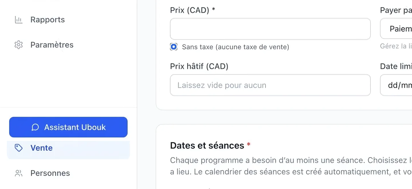 Capture : Définir le traitement fiscal du programme. Les cadres bleus indiquent les commandes décrites dans cette étape.