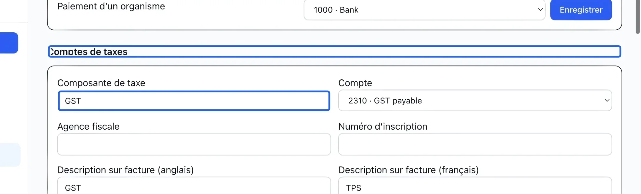 Capture : Relier les taxes à la comptabilité. Les cadres bleus indiquent les commandes décrites dans cette étape.