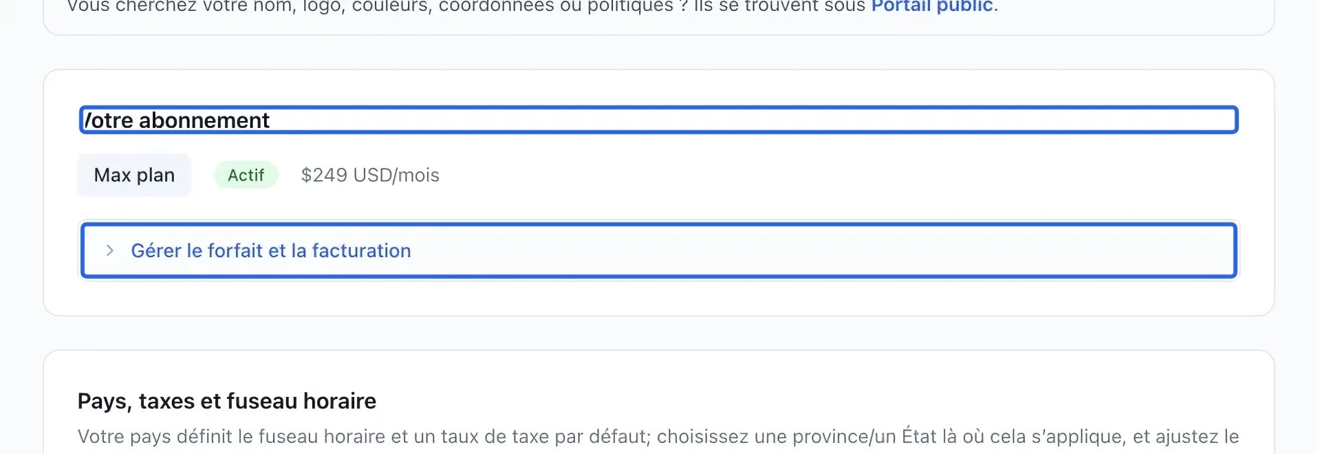 Capture : Vérifier l’abonnement et la facturation. Les cadres bleus indiquent les commandes décrites dans cette étape.