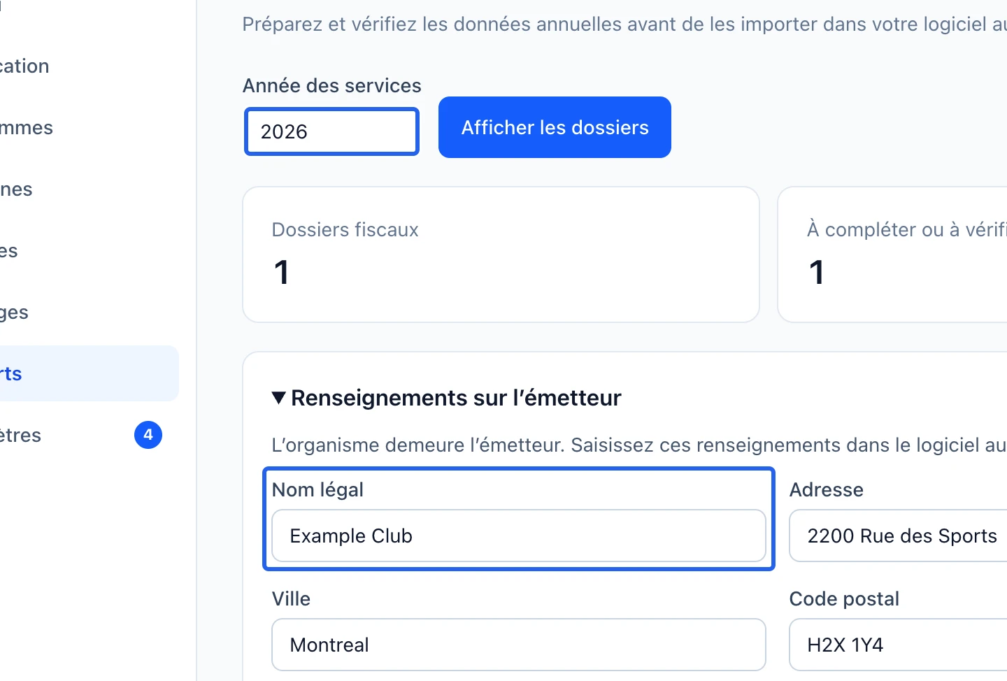 Capture : Choisir l’année de services et l’émetteur. Les cadres bleus indiquent les commandes décrites dans cette étape.