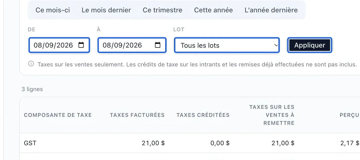 Capture : Choisir la période du rapport. Les cadres bleus indiquent les commandes décrites dans cette étape.