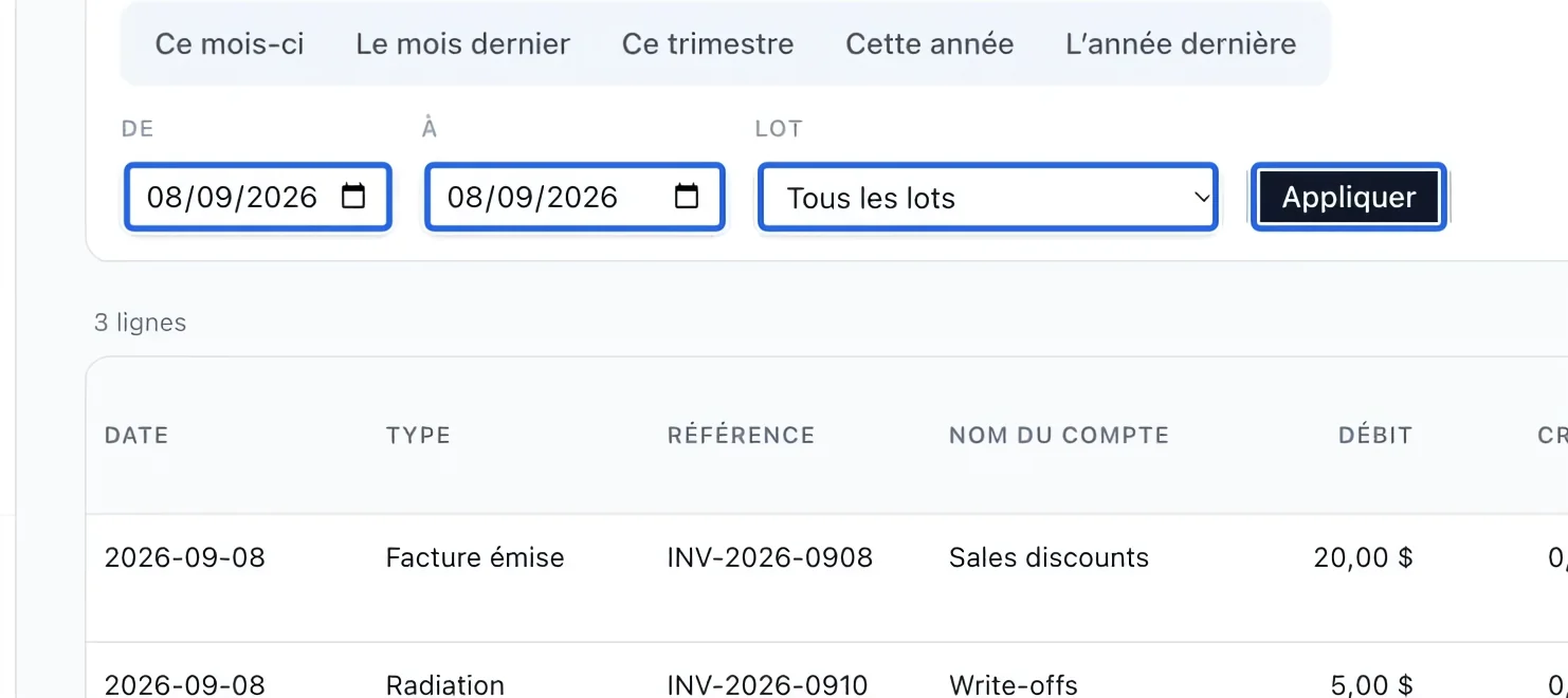 Capture : Choisir la période du rapport. Les cadres bleus indiquent les commandes décrites dans cette étape.