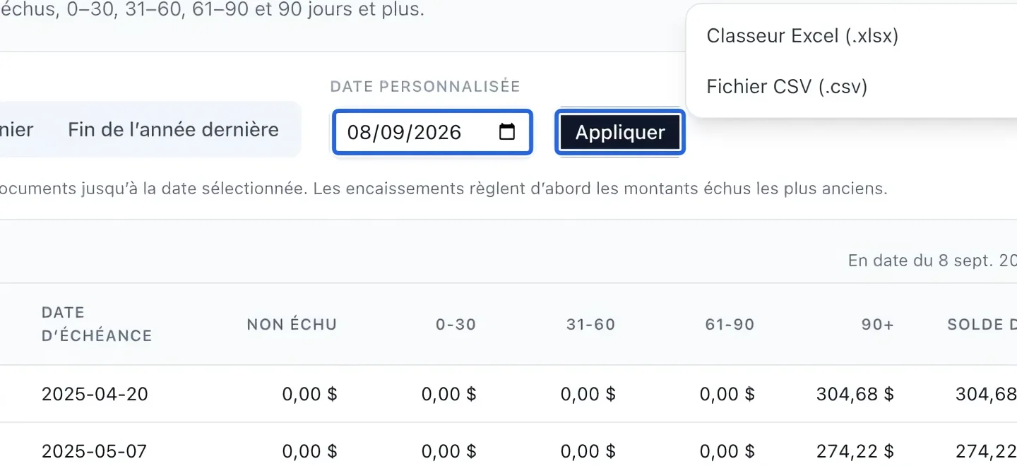 Capture : Choisir la date du solde. Les cadres bleus indiquent les commandes décrites dans cette étape.