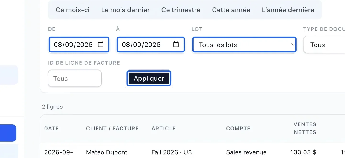 Capture : Choisir la période du rapport. Les cadres bleus indiquent les commandes décrites dans cette étape.