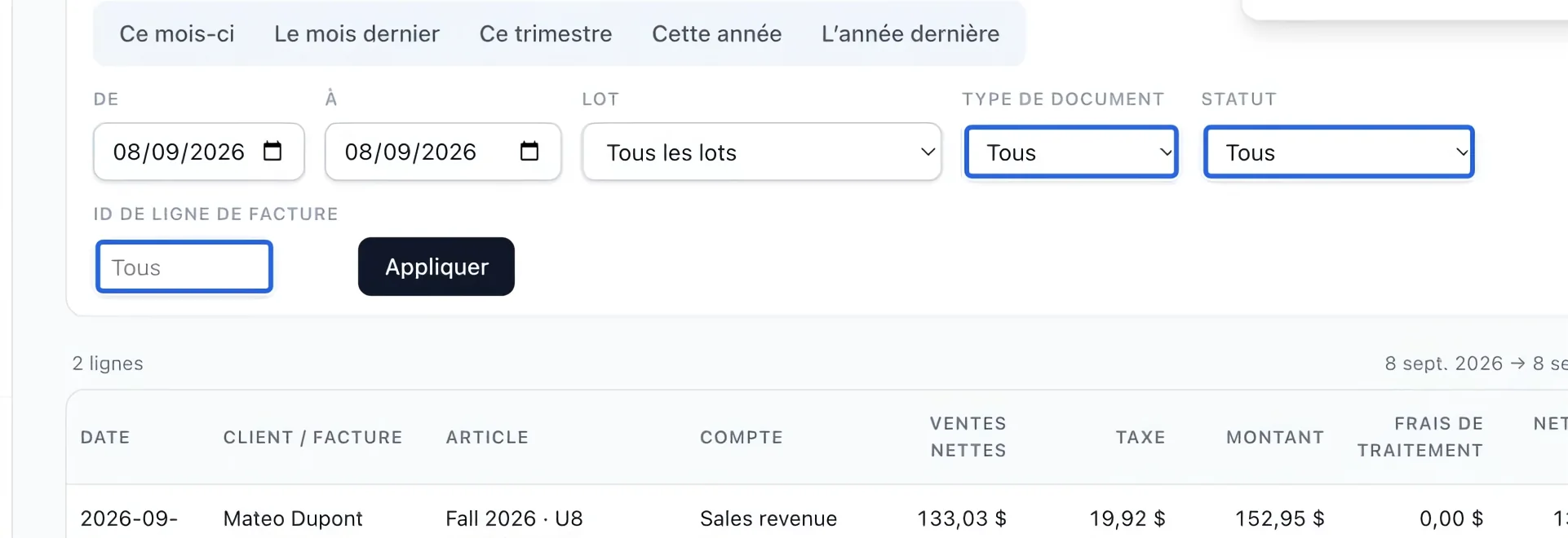 Capture : Préciser le détail des encaissements. Les cadres bleus indiquent les commandes décrites dans cette étape.