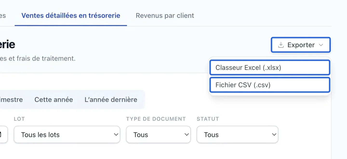 Capture : Exporter le rapport filtré. Les cadres bleus indiquent les commandes décrites dans cette étape.
