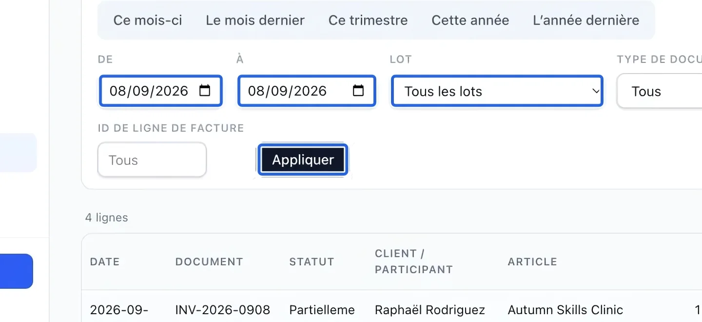 Capture : Choisir la période du rapport. Les cadres bleus indiquent les commandes décrites dans cette étape.