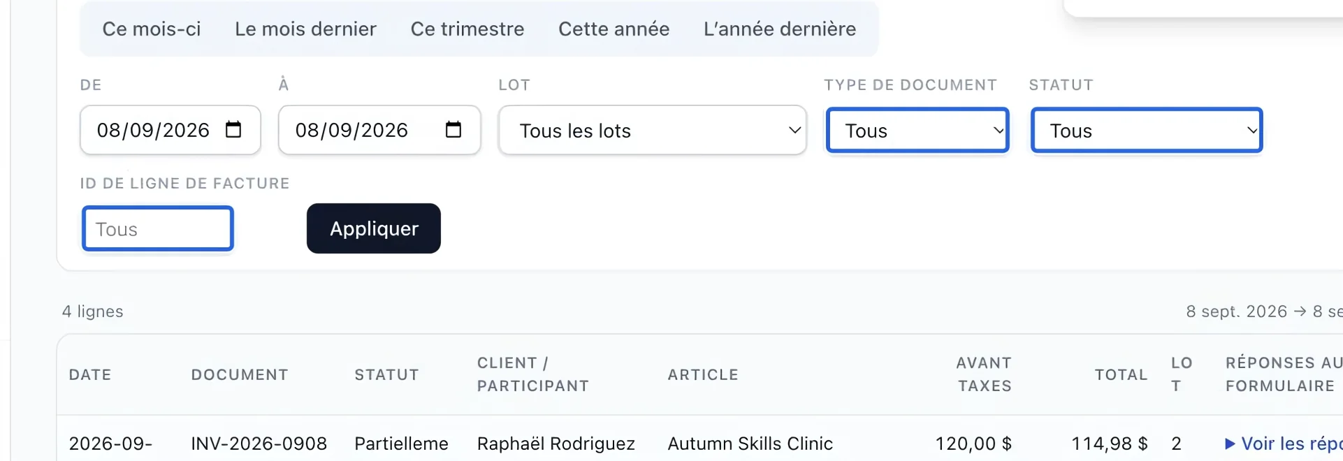 Capture : Filtrer le registre des documents. Les cadres bleus indiquent les commandes décrites dans cette étape.