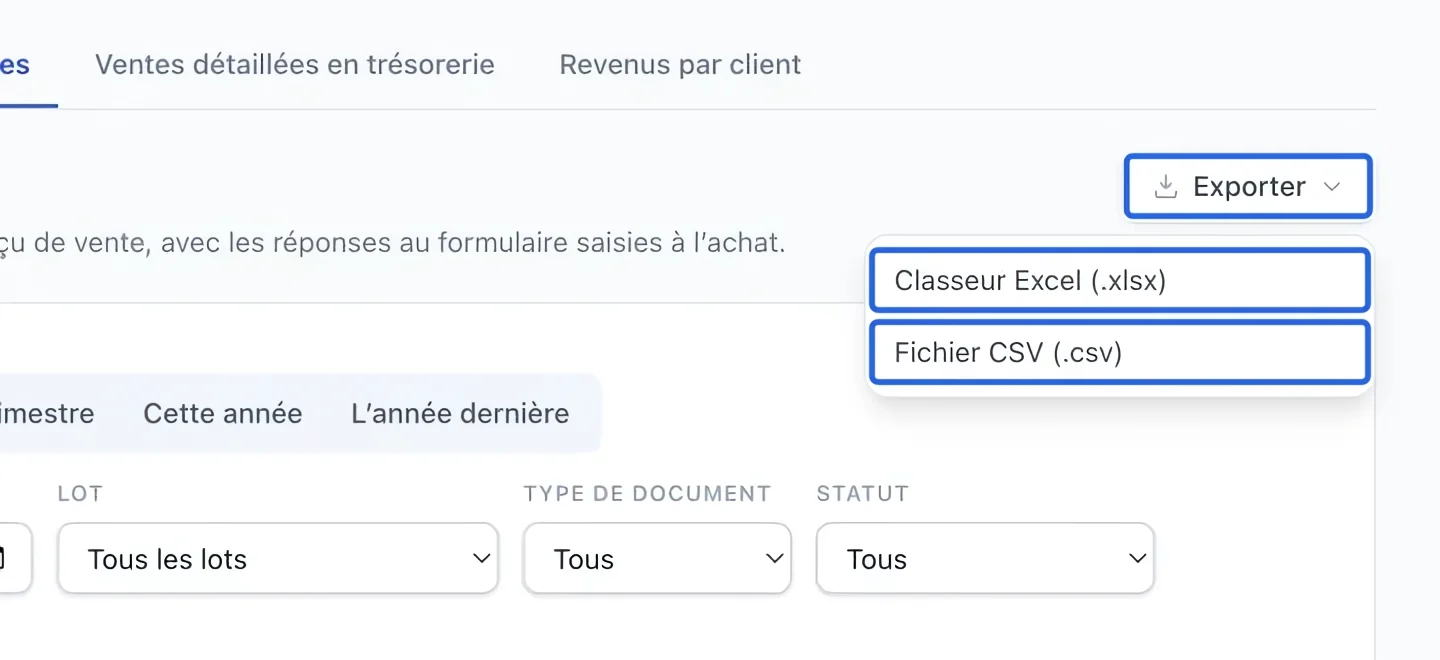 Capture : Exporter le rapport filtré. Les cadres bleus indiquent les commandes décrites dans cette étape.
