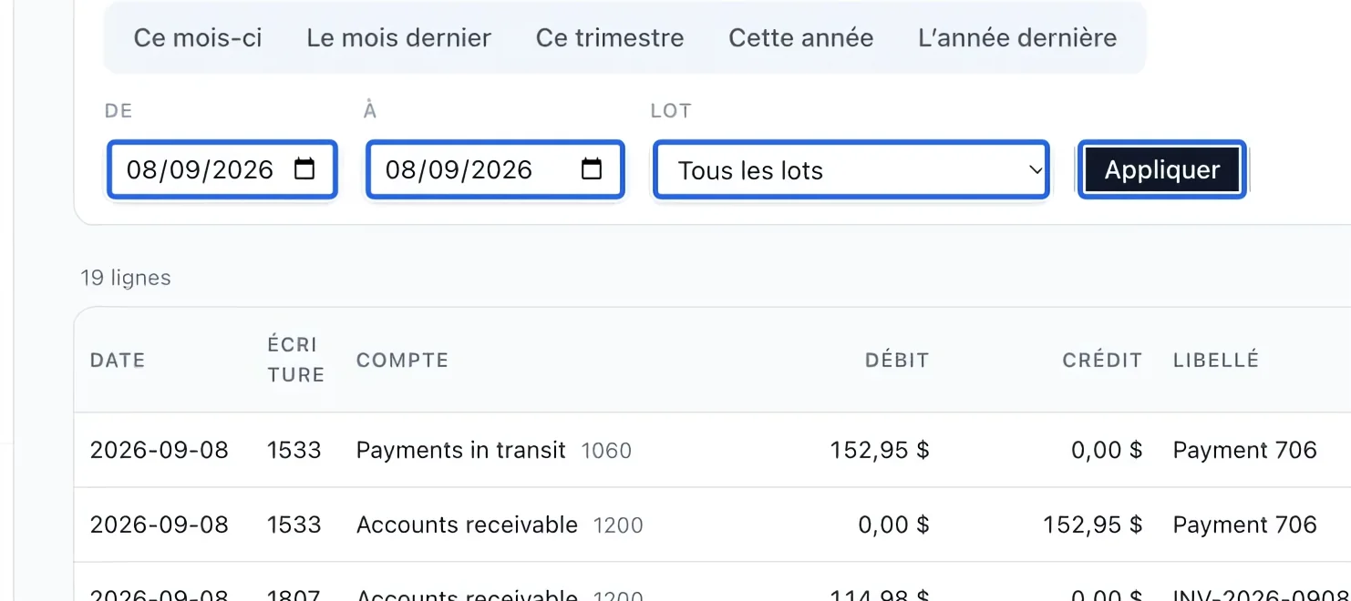 Capture : Choisir la période du rapport. Les cadres bleus indiquent les commandes décrites dans cette étape.