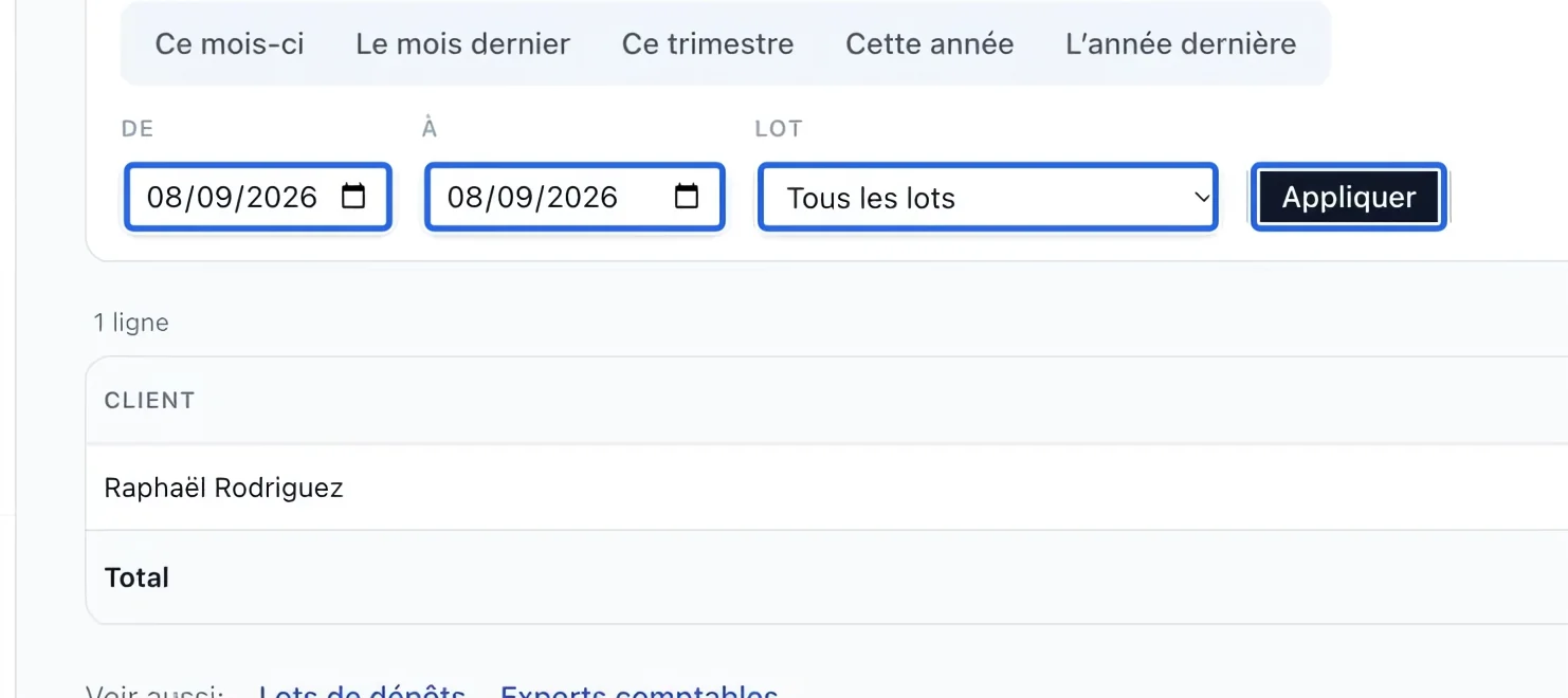 Capture : Choisir la période du rapport. Les cadres bleus indiquent les commandes décrites dans cette étape.