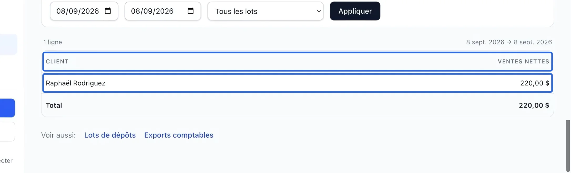Capture : Comparer les ventes nettes par client. Les cadres bleus indiquent les commandes décrites dans cette étape.