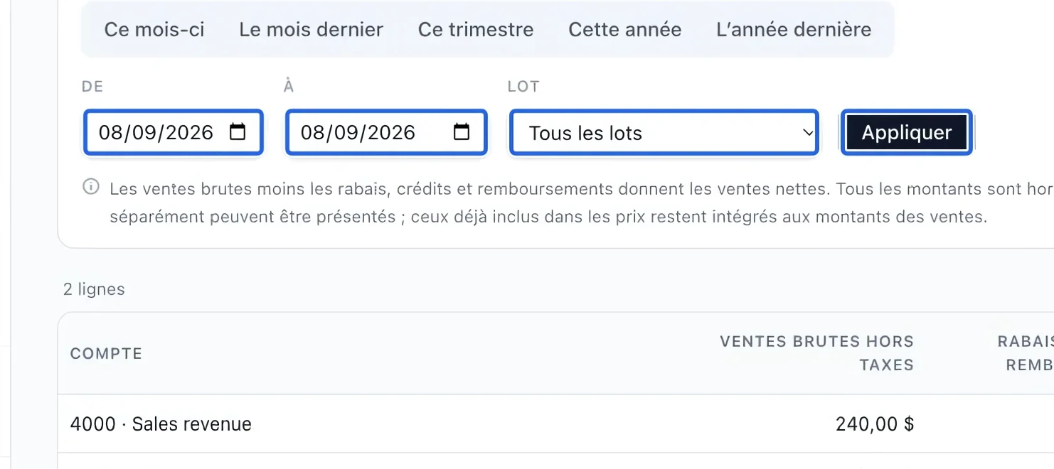Capture : Choisir la période du rapport. Les cadres bleus indiquent les commandes décrites dans cette étape.