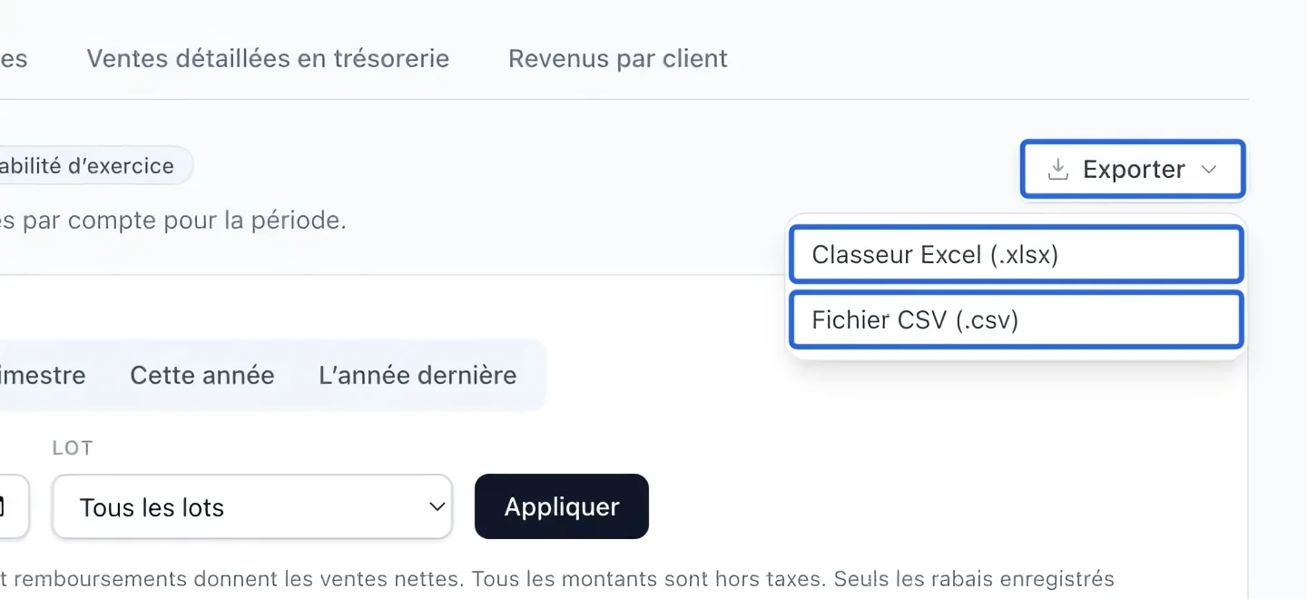 Capture : Exporter le rapport filtré. Les cadres bleus indiquent les commandes décrites dans cette étape.