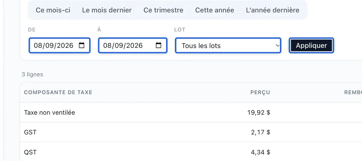 Capture : Choisir la période du rapport. Les cadres bleus indiquent les commandes décrites dans cette étape.
