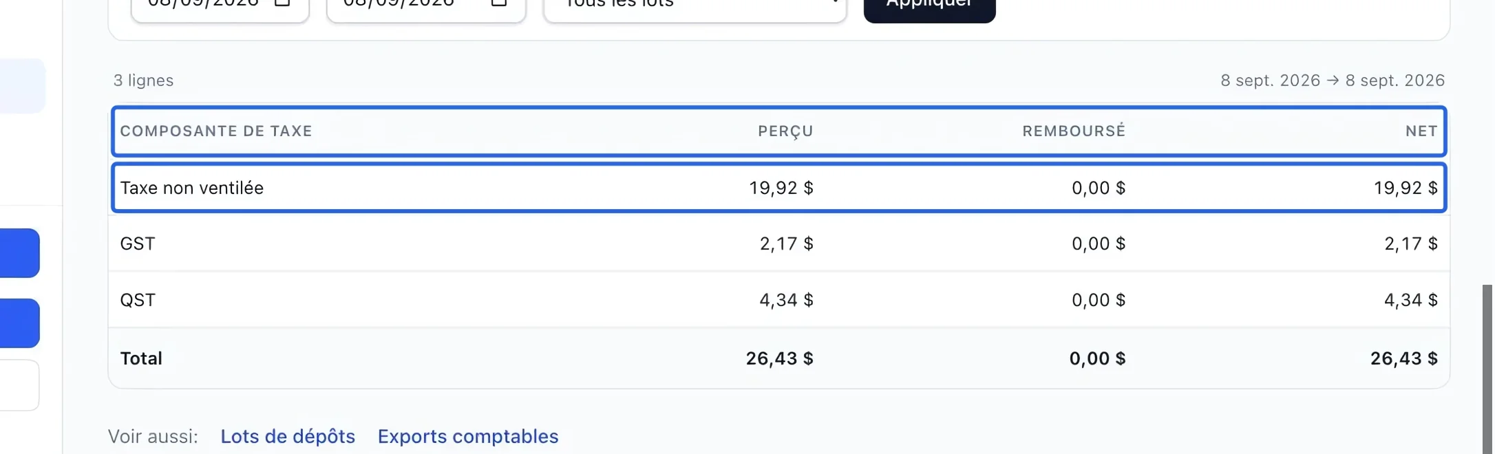 Capture : Lire les taxes encaissées par composante. Les cadres bleus indiquent les commandes décrites dans cette étape.