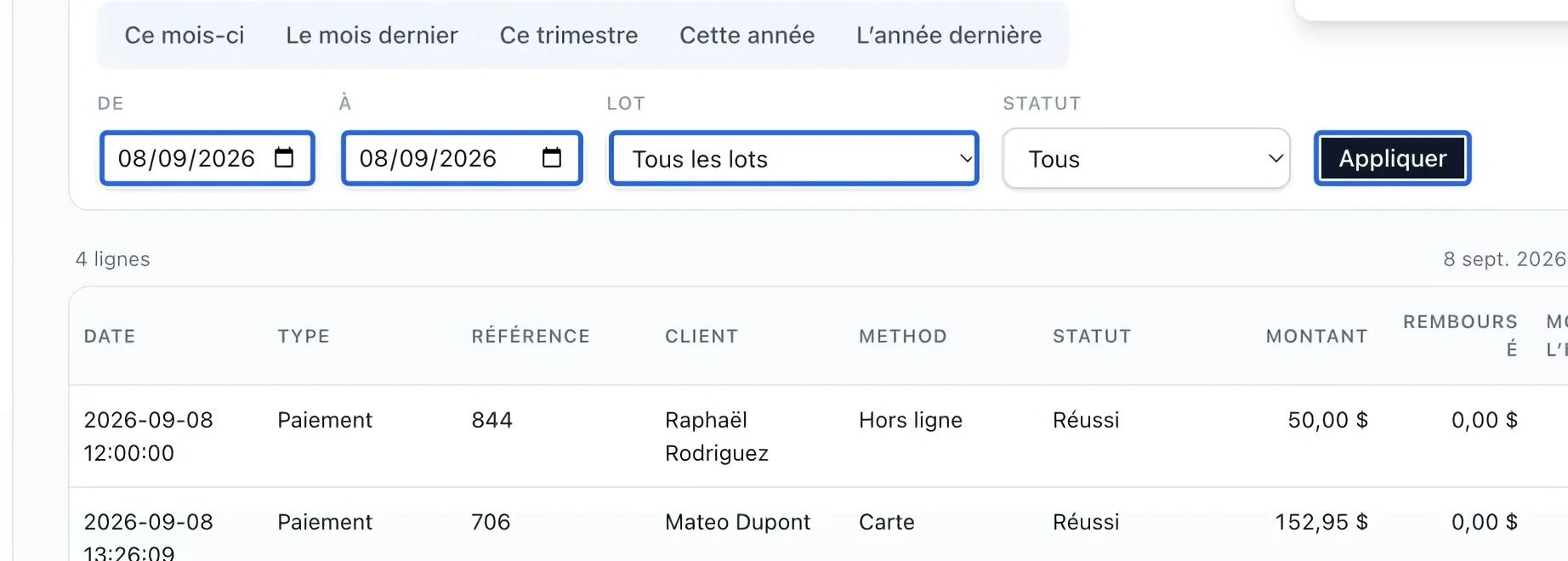 Capture : Choisir la période du rapport. Les cadres bleus indiquent les commandes décrites dans cette étape.