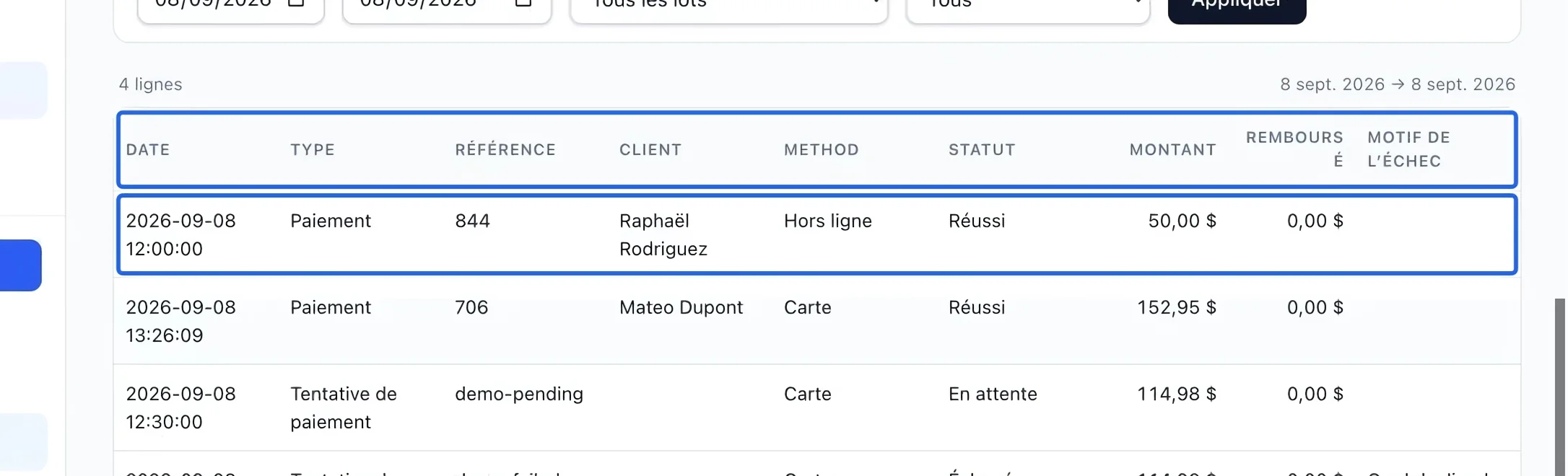 Capture : Distinguer le paiement de la tentative. Les cadres bleus indiquent les commandes décrites dans cette étape.
