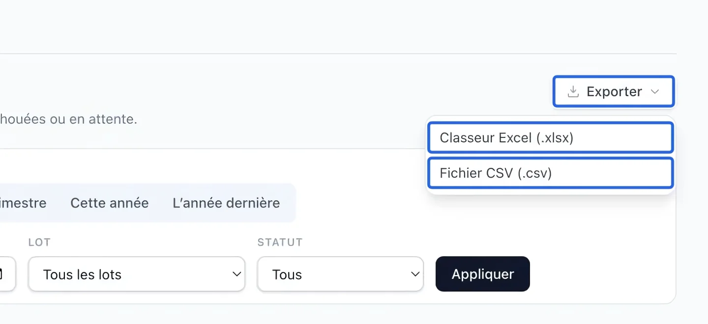 Capture : Exporter le rapport filtré. Les cadres bleus indiquent les commandes décrites dans cette étape.