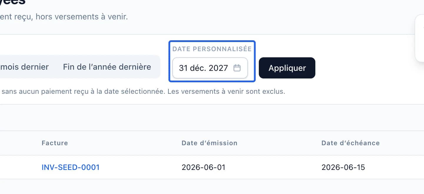 Capture : Choisir le rapport des impayés et sa date. Les cadres bleus indiquent les commandes décrites dans cette étape.