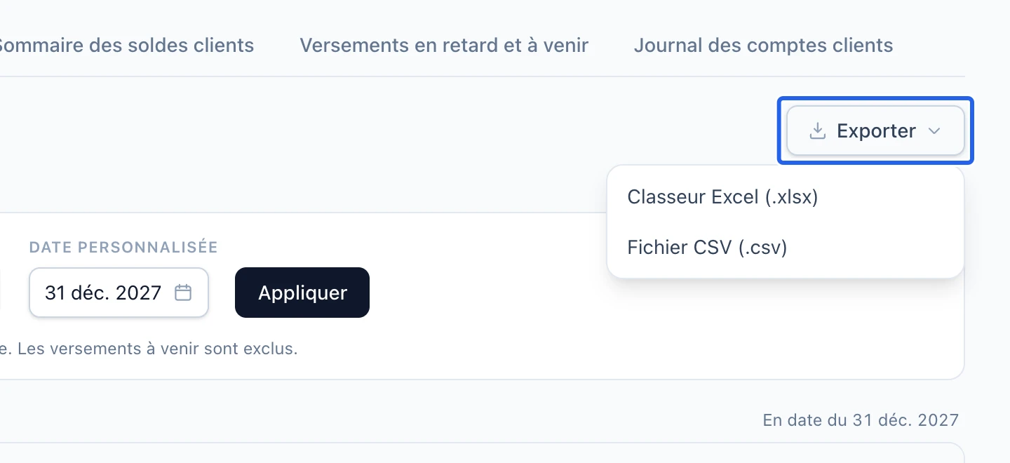 Capture : Consulter les dossiers et exporter. Les cadres bleus indiquent les commandes décrites dans cette étape.