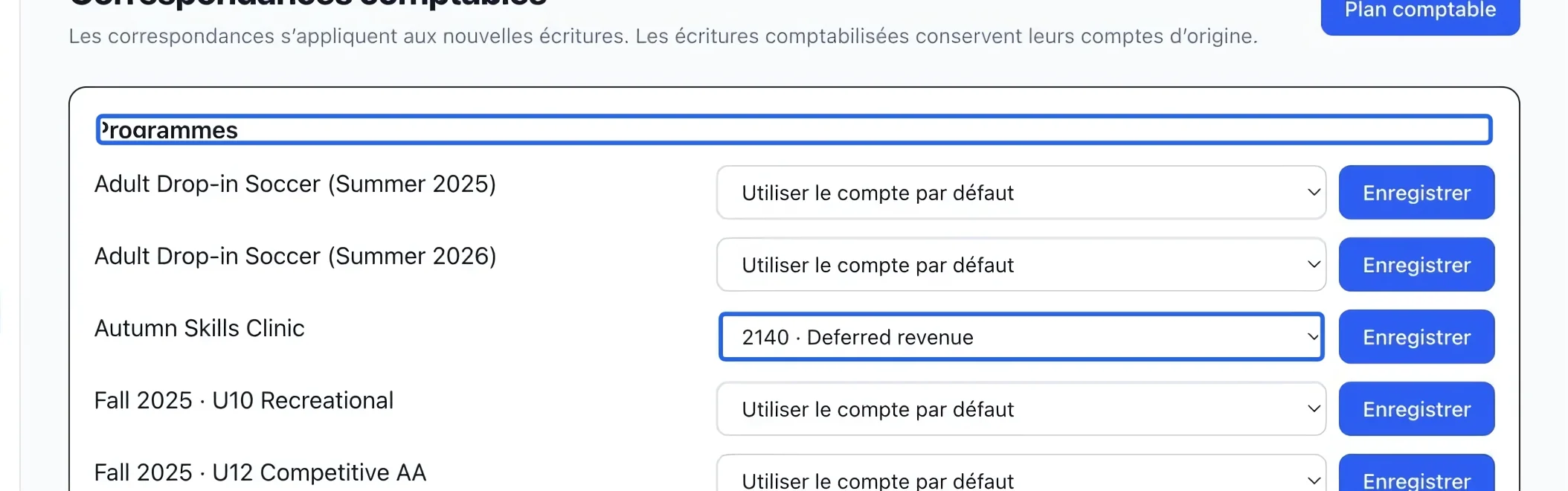 Capture : Préparer une affectation aux revenus reportés. Les cadres bleus indiquent les commandes décrites dans cette étape.