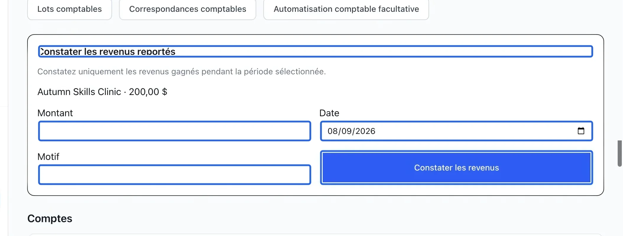 Capture : Constater un montant gagné. Les cadres bleus indiquent les commandes décrites dans cette étape.