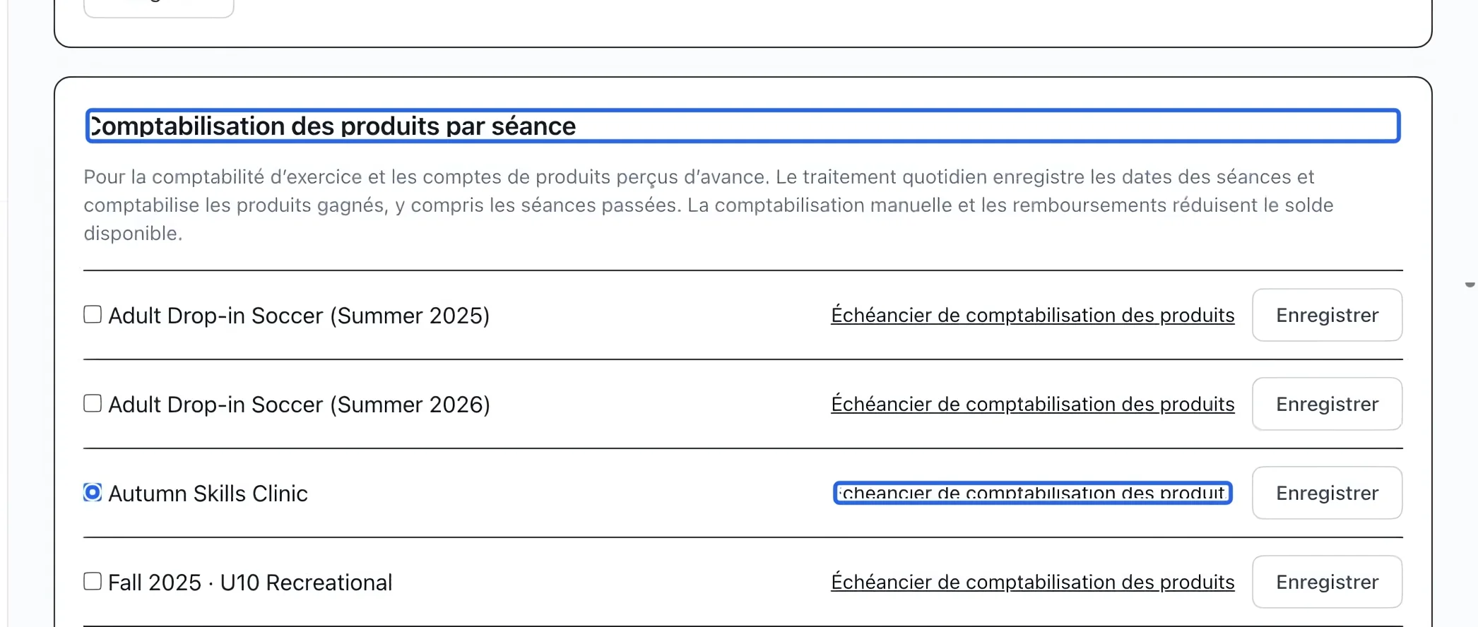Capture : Activer la constatation par séance. Les cadres bleus indiquent les commandes décrites dans cette étape.