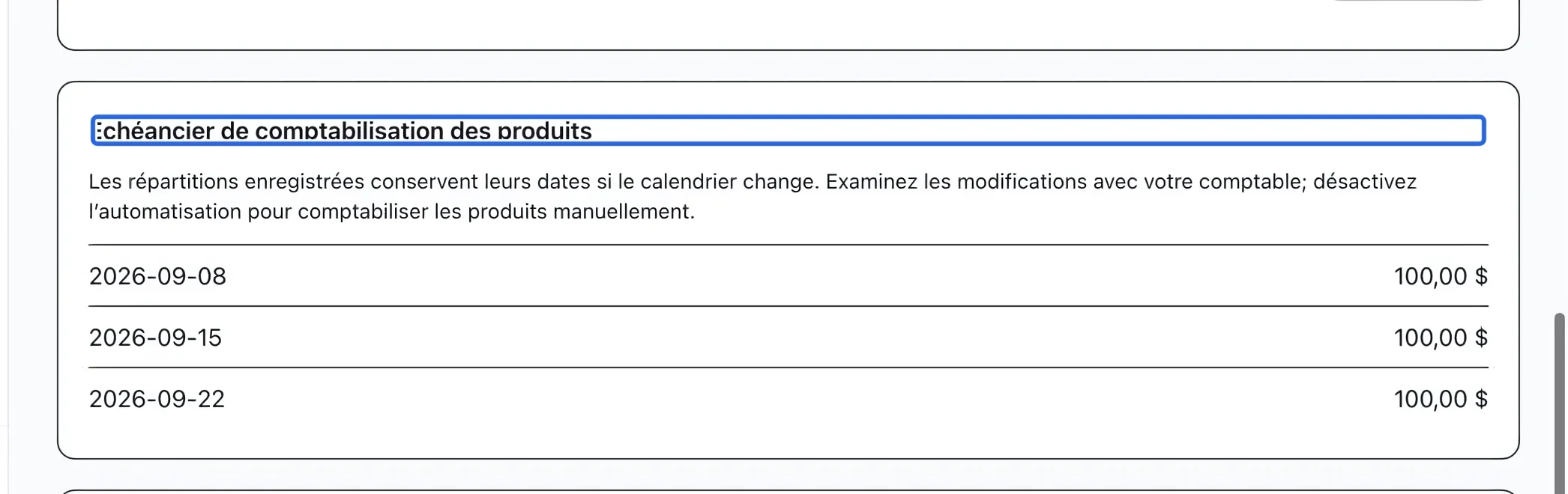 Capture : Vérifier les changements de calendrier. Les cadres bleus indiquent les commandes décrites dans cette étape.