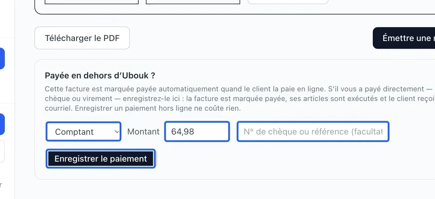 Capture : Saisir le montant reçu. Les cadres bleus indiquent les commandes décrites dans cette étape.