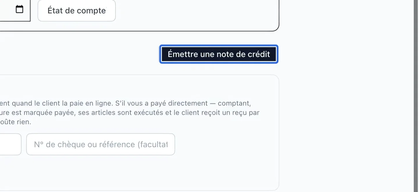Capture : Ouvrir la facture payée ou partiellement payée. Les cadres bleus indiquent les commandes décrites dans cette étape.