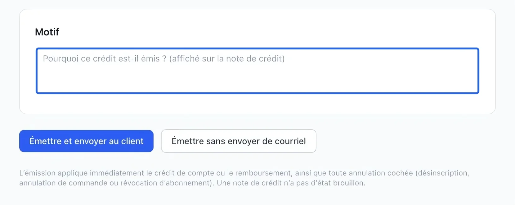 Capture : Expliquer le crédit. Les cadres bleus indiquent les commandes décrites dans cette étape.