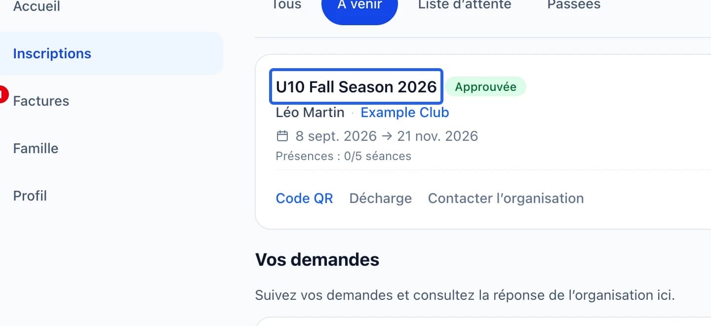 Capture : Utiliser ensuite le compte famille. Les cadres bleus indiquent les commandes décrites dans cette étape.