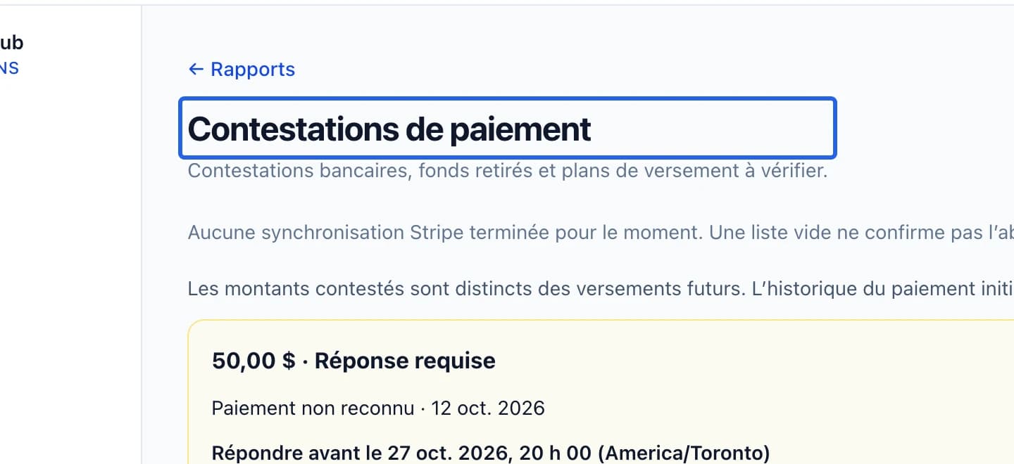Capture : Ouvrir le rapport des contestations. Les cadres bleus indiquent les commandes décrites dans cette étape.