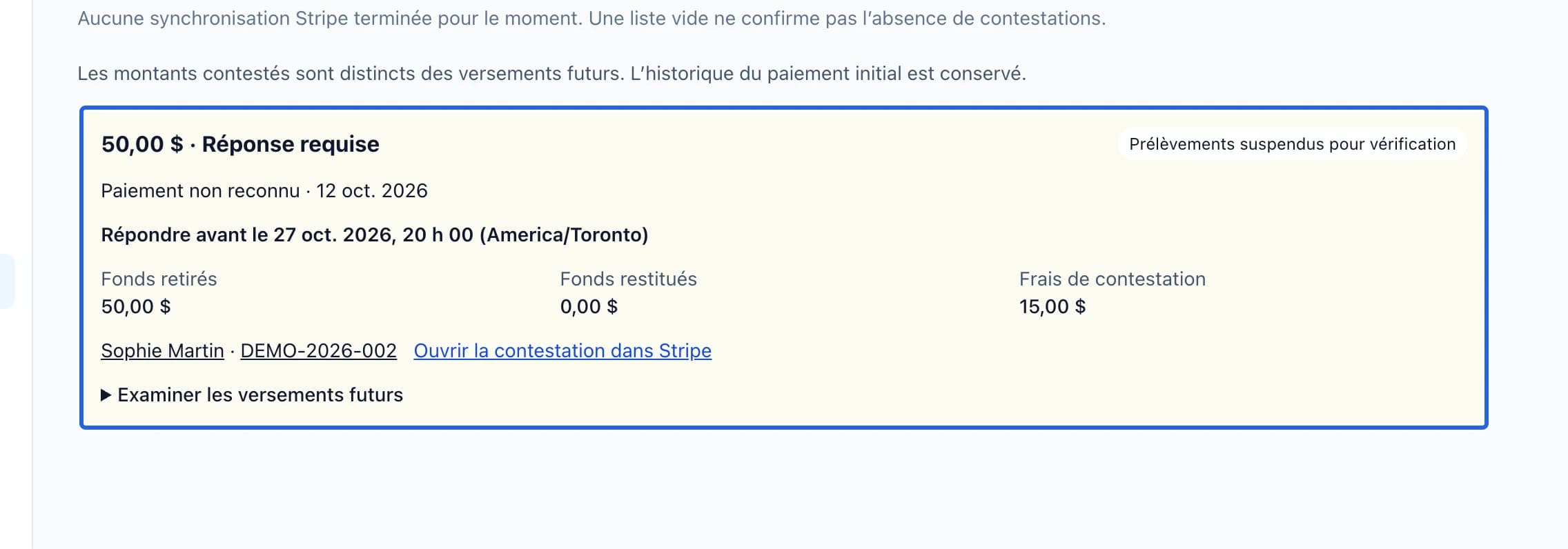 Capture : Examiner le paiement et son échéancier. Les cadres bleus indiquent les commandes décrites dans cette étape.