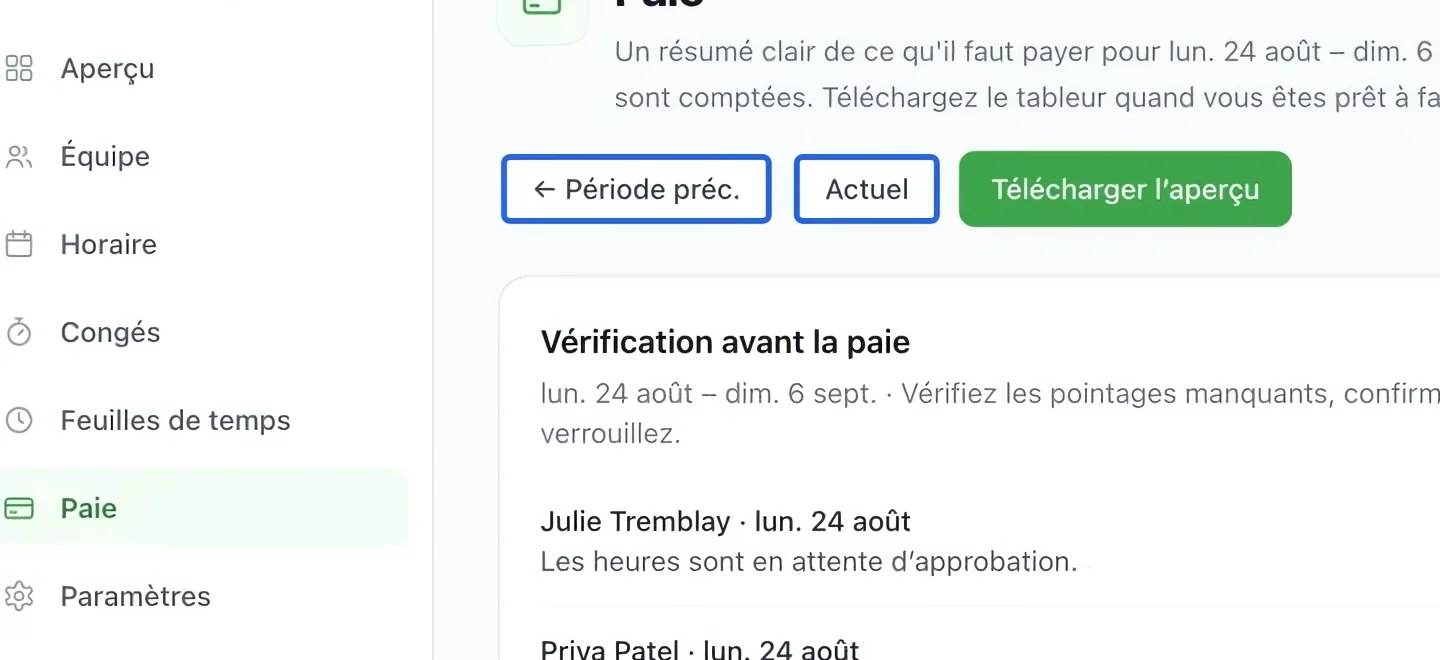 Capture : Sélectionner la période de paie. Les cadres bleus indiquent les commandes décrites dans cette étape.