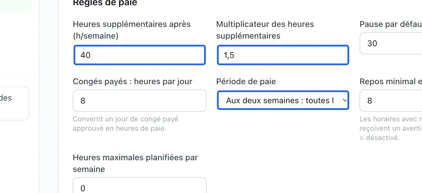 Capture : Vérifier les règles de paie. Les cadres bleus indiquent les commandes décrites dans cette étape.