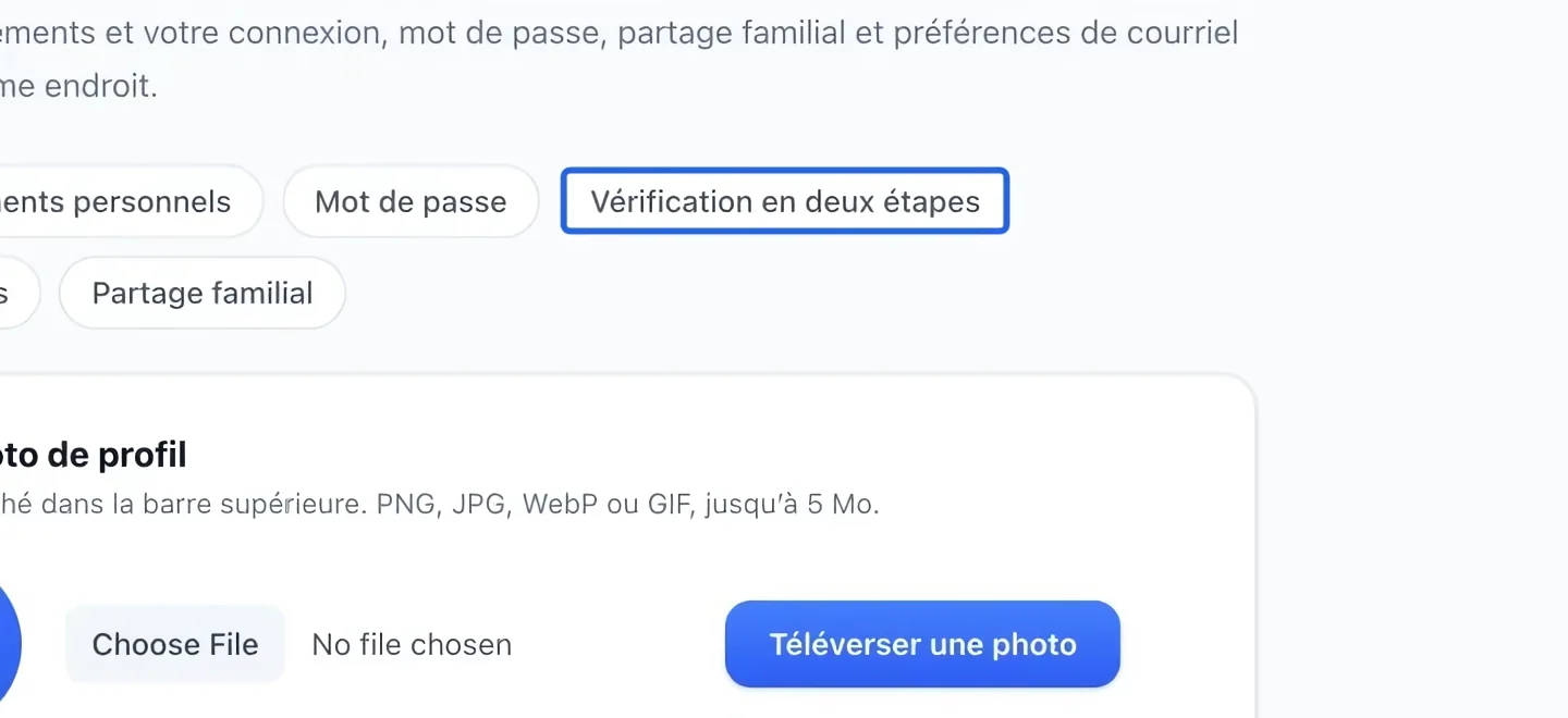 Capture : Ouvrir les paramètres de sécurité. Les cadres bleus indiquent les commandes décrites dans cette étape.