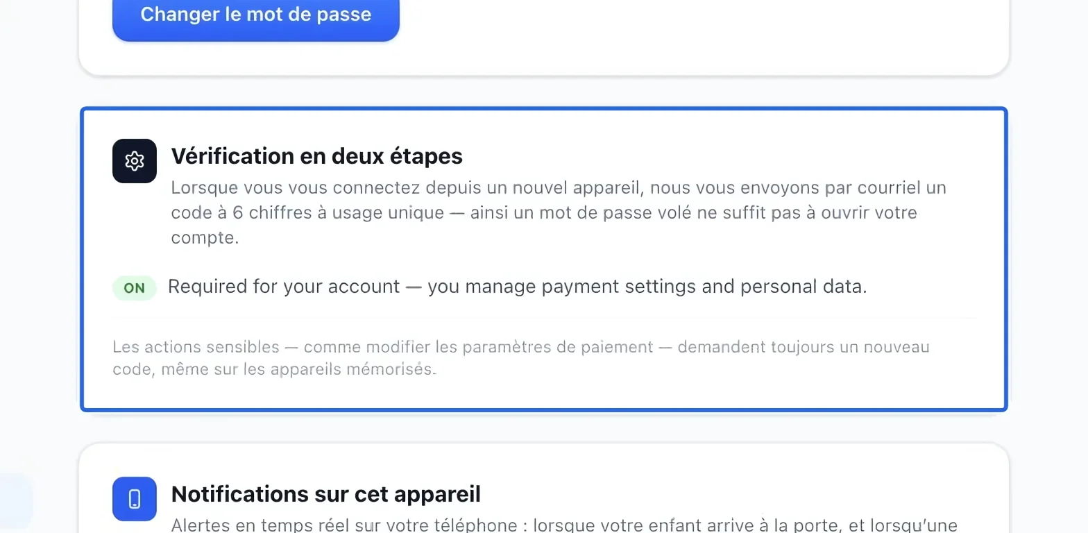 Capture : Vérifier la protection en deux étapes. Les cadres bleus indiquent les commandes décrites dans cette étape.
