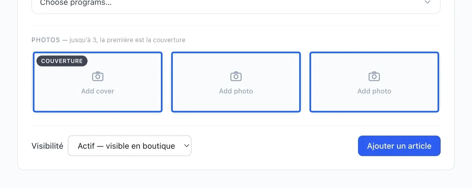 Capture : Ajouter les photos. Les cadres bleus indiquent les commandes décrites dans cette étape.