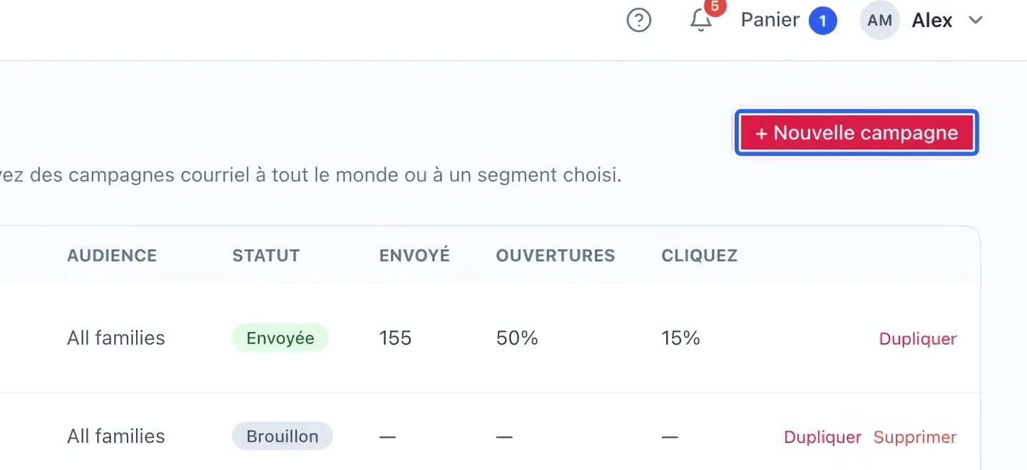 Capture : Créer une campagne. Les cadres bleus indiquent les commandes décrites dans cette étape.