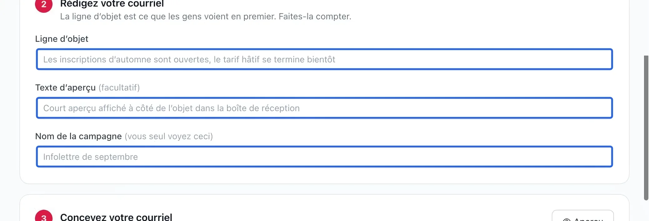 Capture : Rédiger les renseignements de boîte de réception. Les cadres bleus indiquent les commandes décrites dans cette étape.