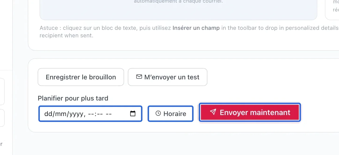 Capture : Envoyer ou planifier. Les cadres bleus indiquent les commandes décrites dans cette étape.