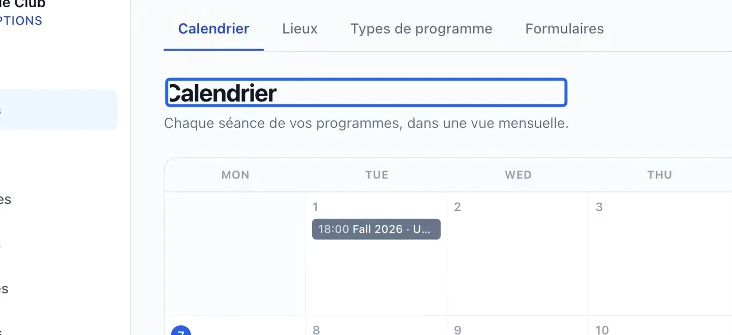 Capture : Ouvrir le calendrier. Les cadres bleus indiquent les commandes décrites dans cette étape.