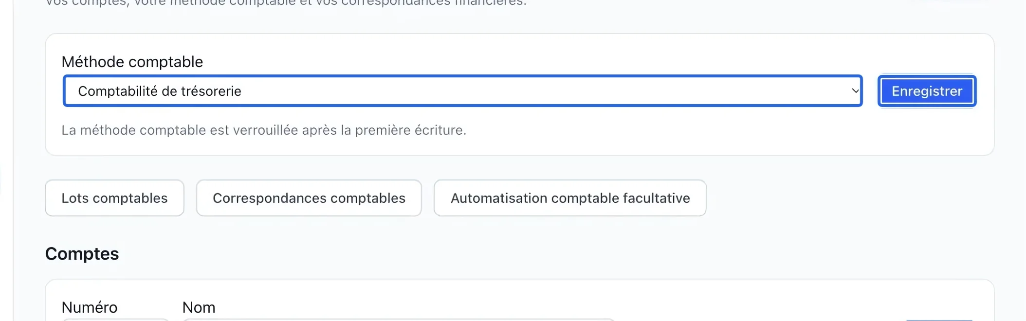 Capture : Vérifier les accès et la méthode comptable. Les cadres bleus indiquent les commandes décrites dans cette étape.