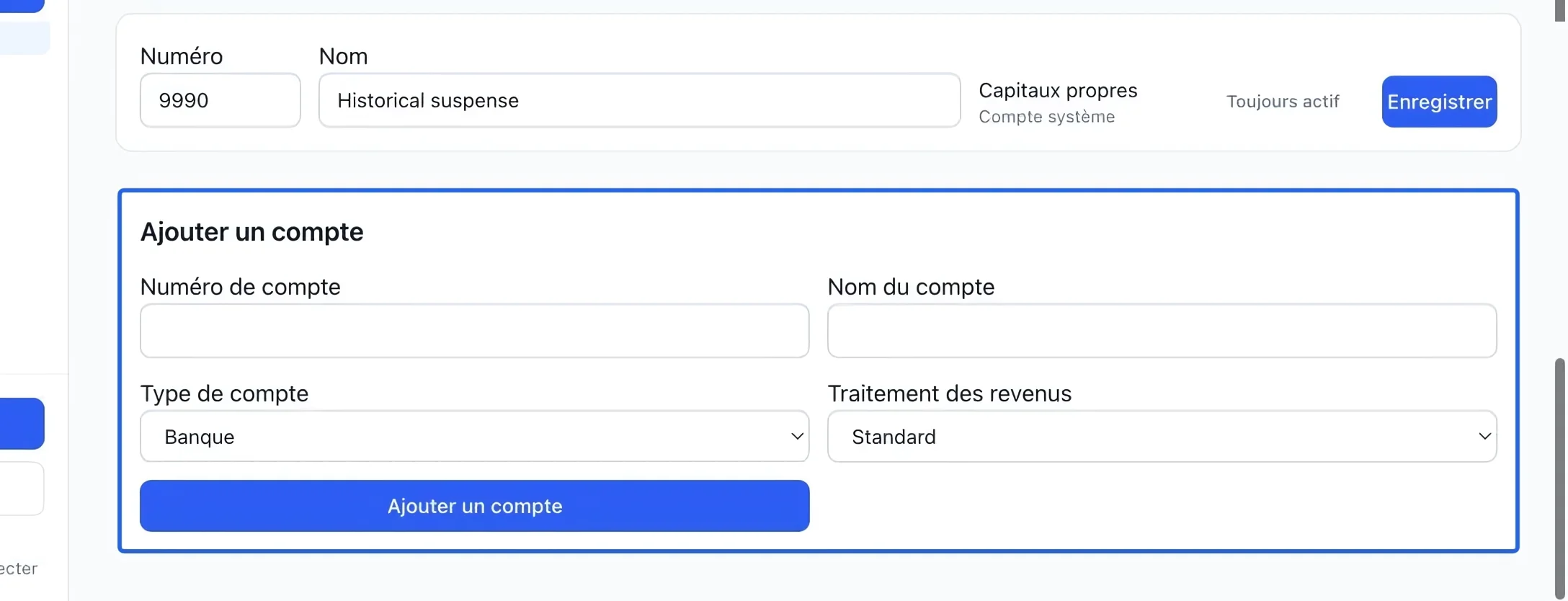 Capture : Ajouter un compte. Les cadres bleus indiquent les commandes décrites dans cette étape.